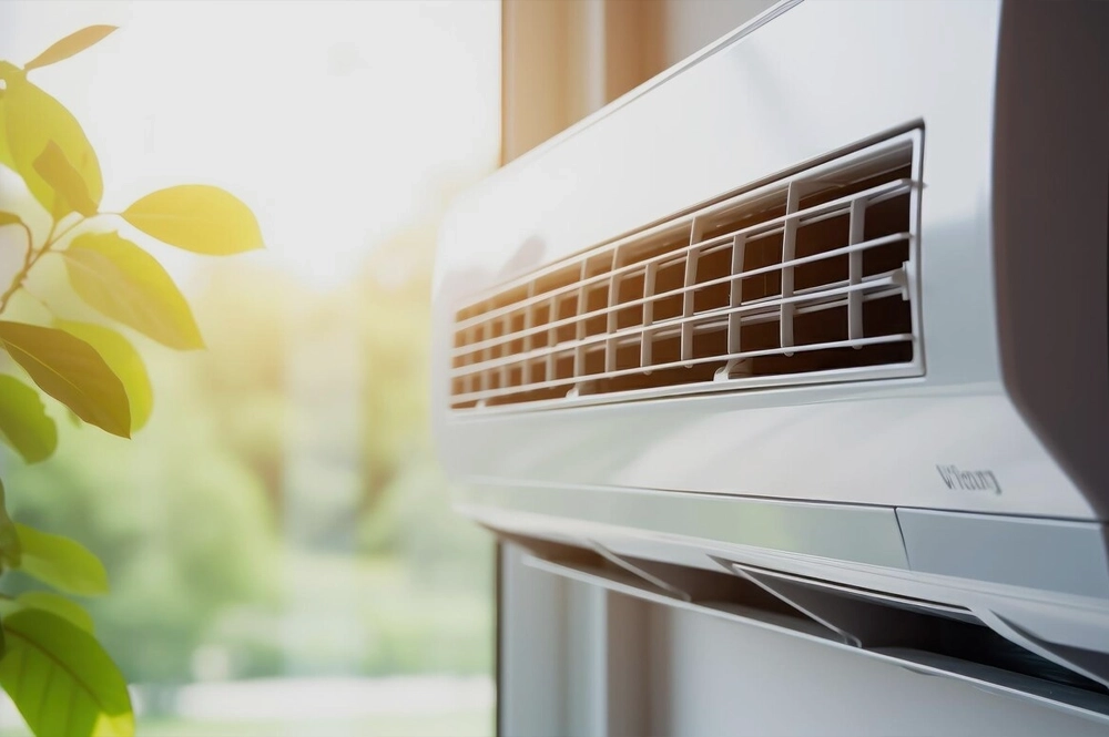 Close-up of a white air conditioning unit by a sunlit window with green leaves in the background